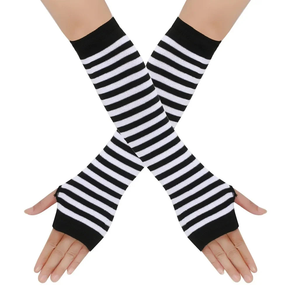 Long Knitted Fingerless Elbow Gloves with Striped Design