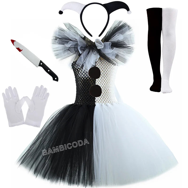 Girls Black White Horror Clown Tutu Dress Costume