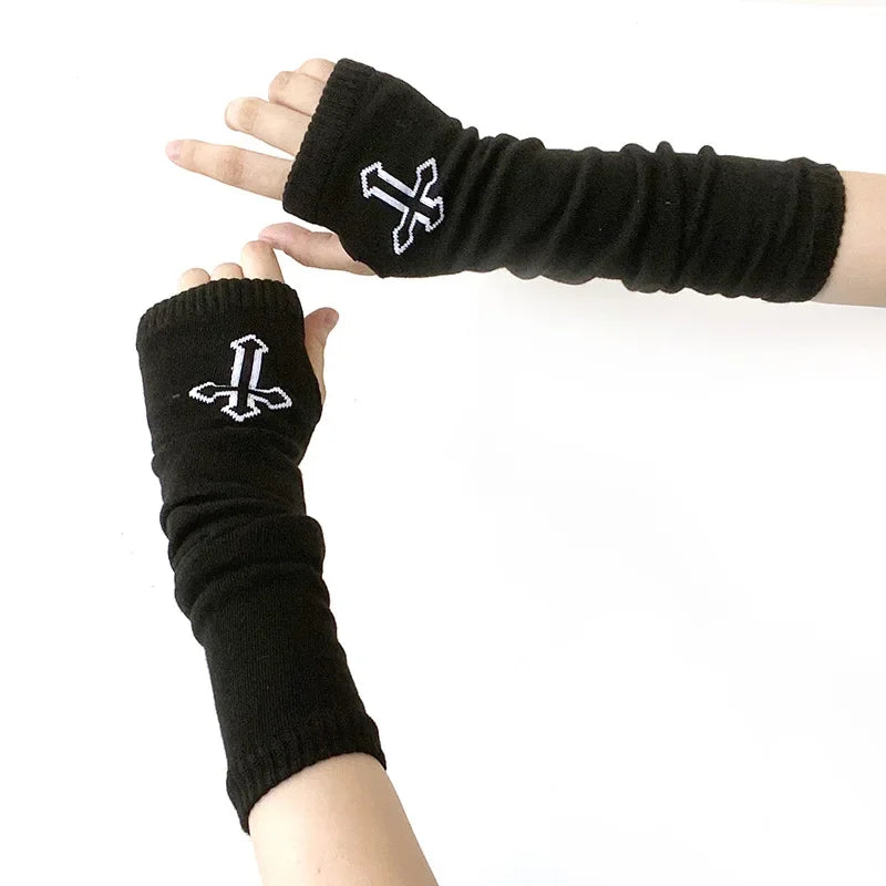 Long Knitted Fingerless Elbow Gloves with Striped Design