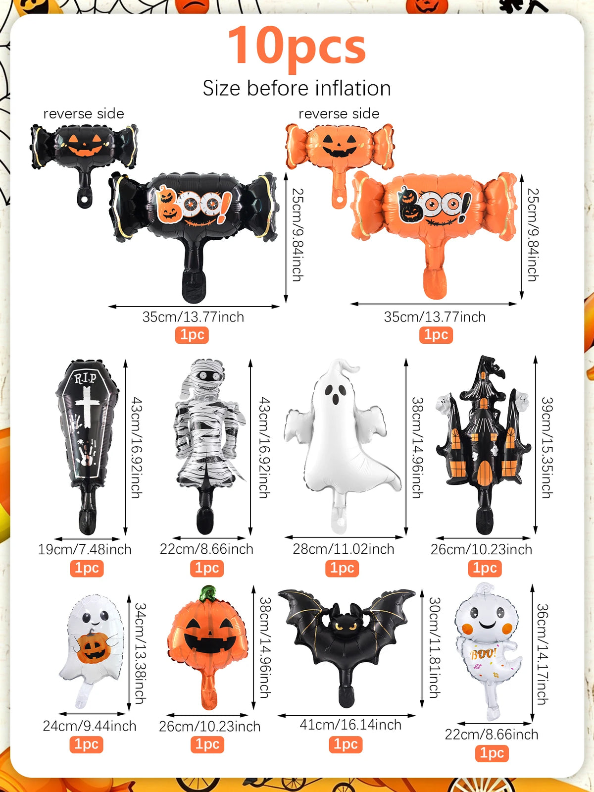 10pcs Mini Halloween foil balloon set—suitable for Halloween, haunted houses, pumpkin-themed parties, and trick-or-treat events.