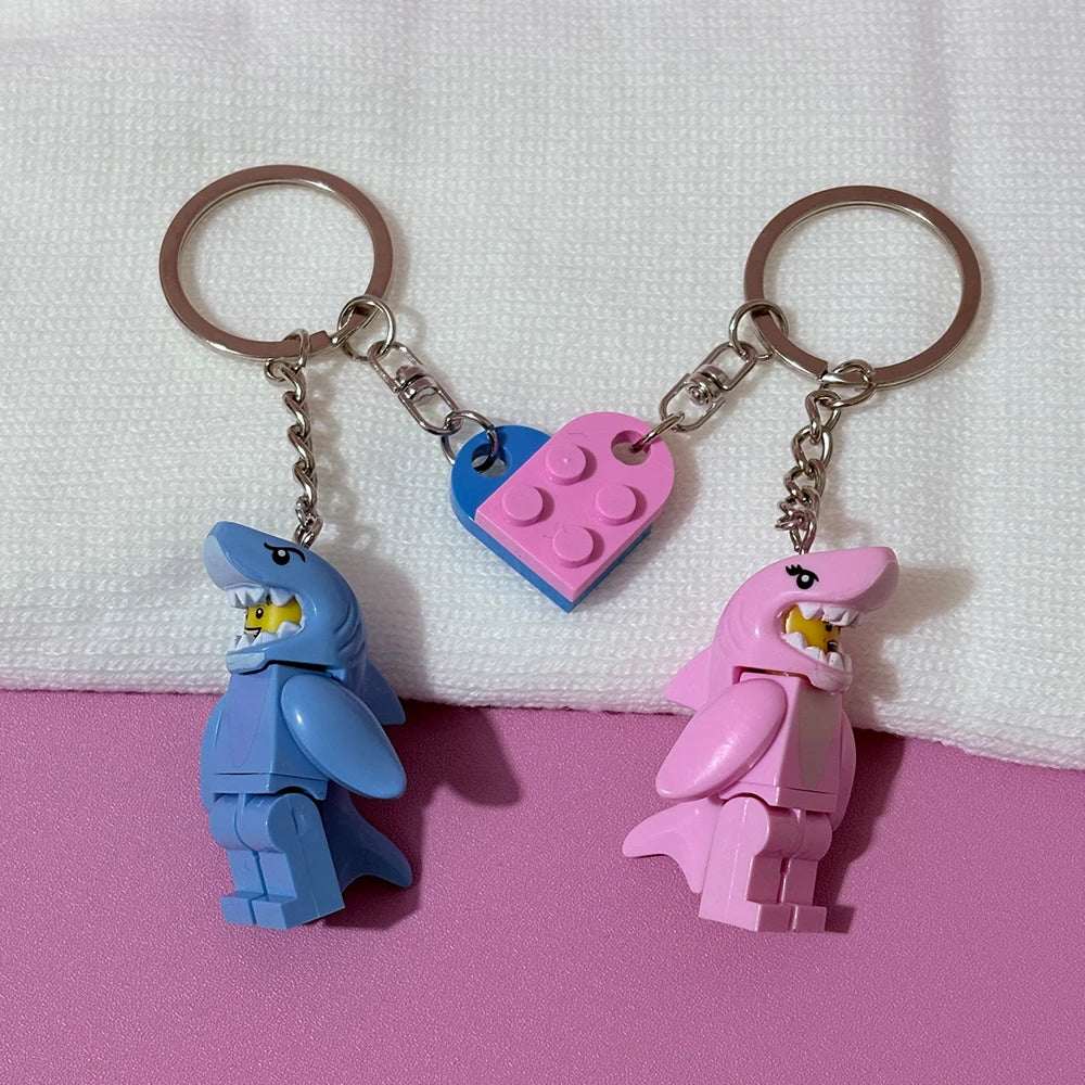 2-Piece Shark Heart Keychain Set Pink & Blue Building Block Design