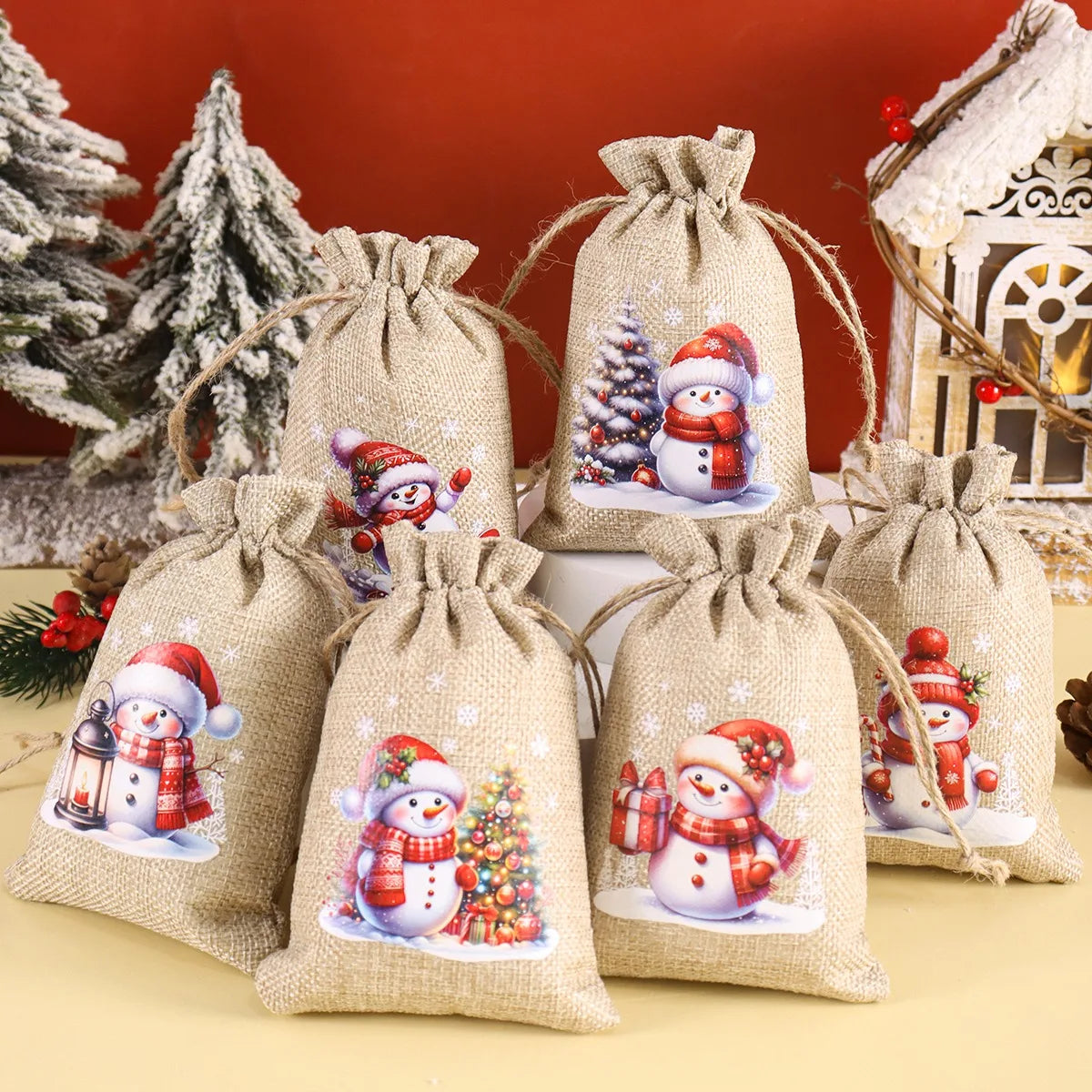 6pc Christmas Linen Drawstring Bags Burlap Gift Bags Candy Biscuits Pouchs for Home Decor 2025 Xmas Navidad Noel Gift Packaging