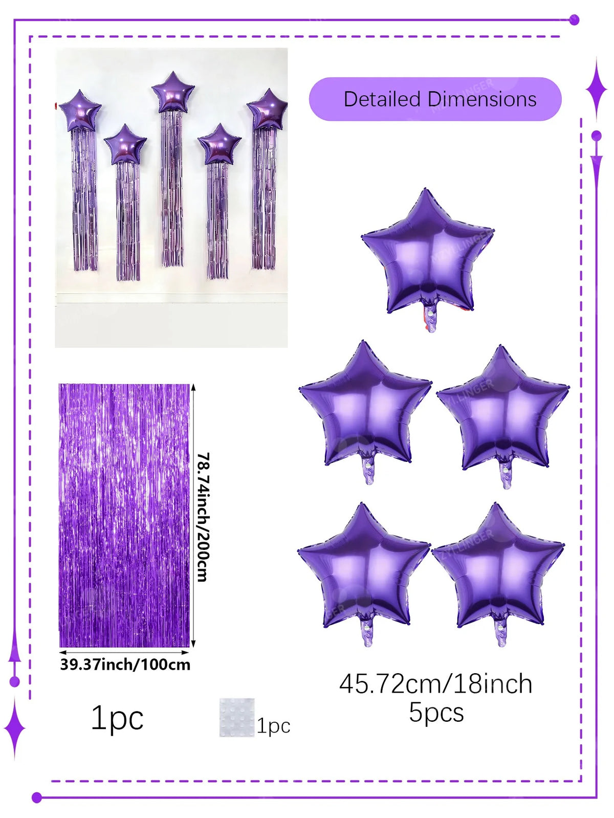 Five pointed star balloon and tassel rain curtain set for birthday parties, weddings, showers, party decorations (multiple color
