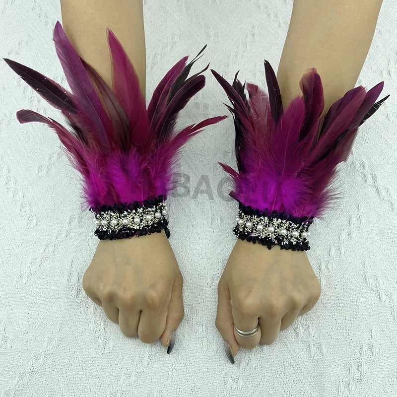 Natural Feather Wrist Cuffs Elegant Fur Sleeve Arm Accessories Gothic Halloween Cosplay Feather Gloves Pearl Arm Cuff 2pcs