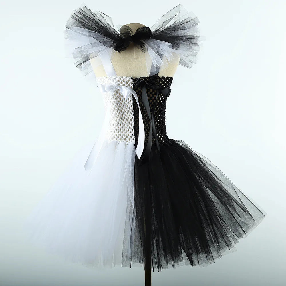 Girls Black White Horror Clown Tutu Dress Costume