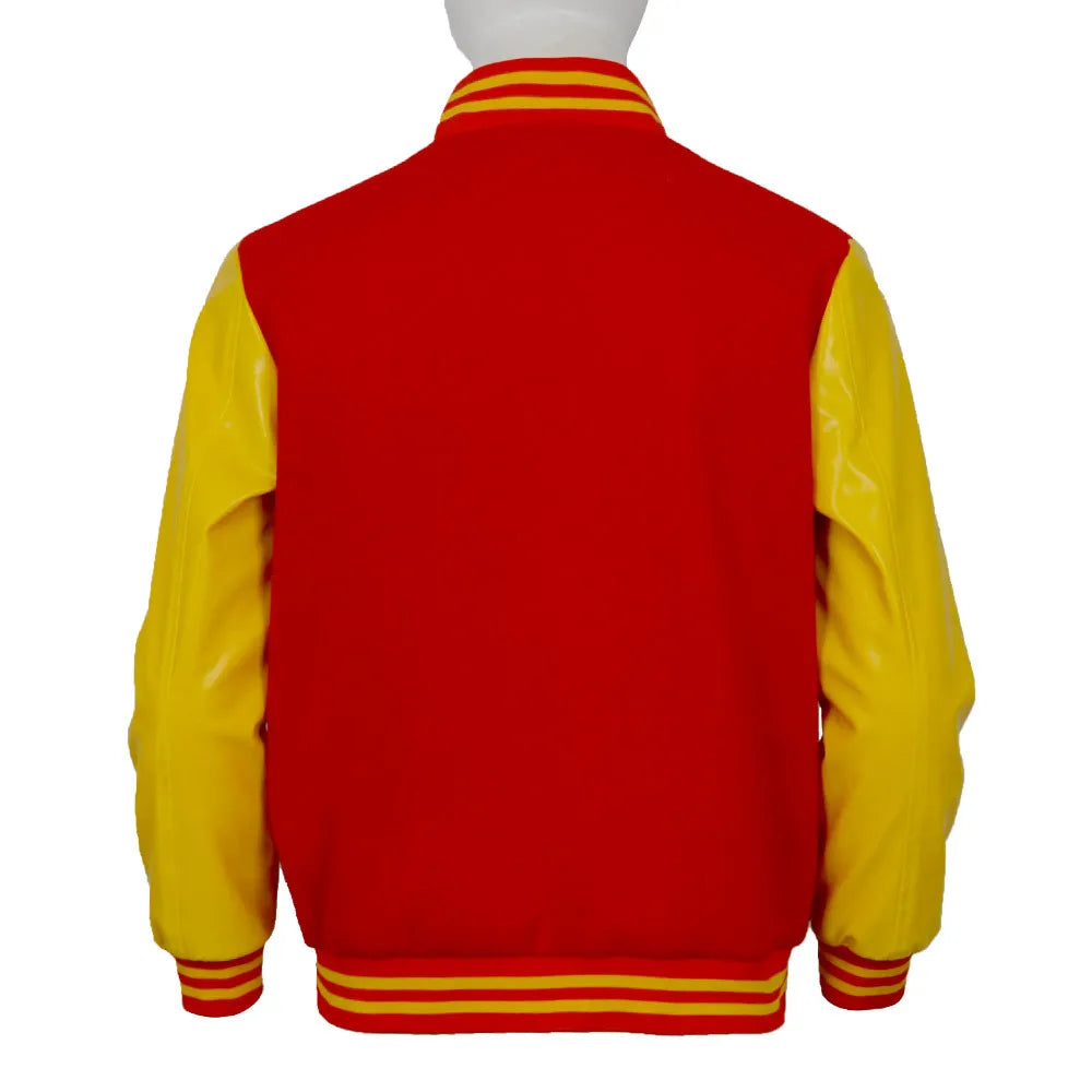 Men's Red Yellow Colorblock Varsity Bomber Cosplay Jacket