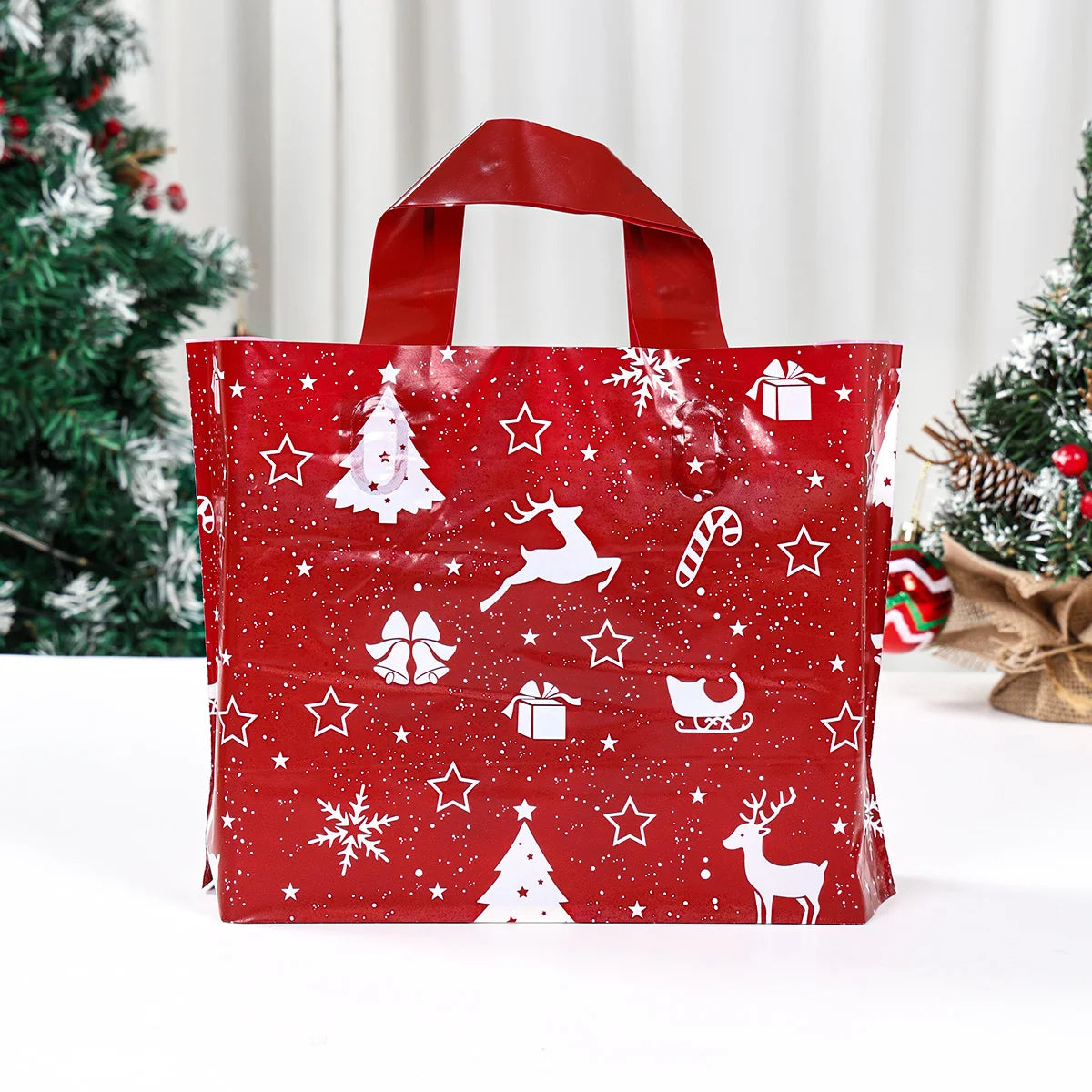 10/20pcs Christmas Gift Bags Red Elk Snowflake Tote Bag Children's Gift Bags Plastic Candy Cookie Bag Christmas Party Decoration