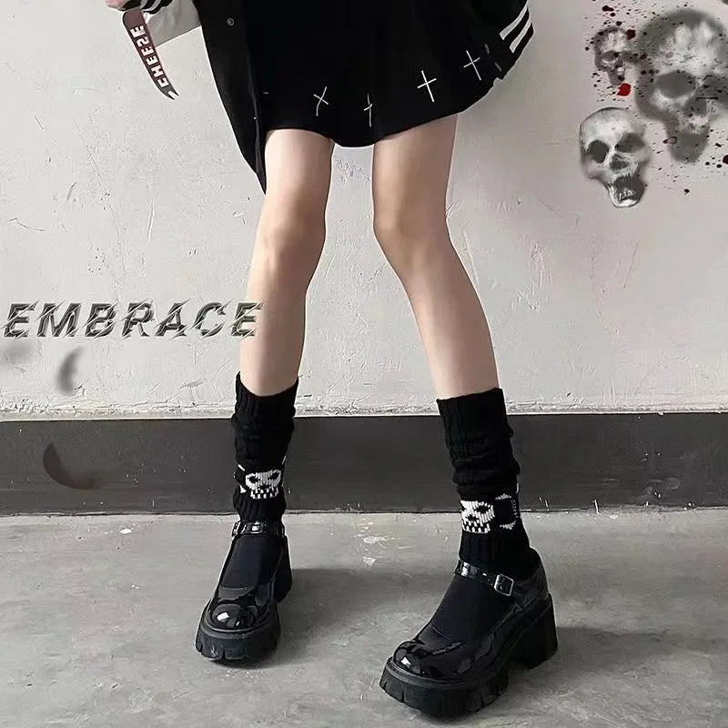Punk EMO Style Streetwear Women Wrist Arm Warmers Knitted Long Fingerless Gloves Black Mittens Gothic Cos Halloween Skull Gloves