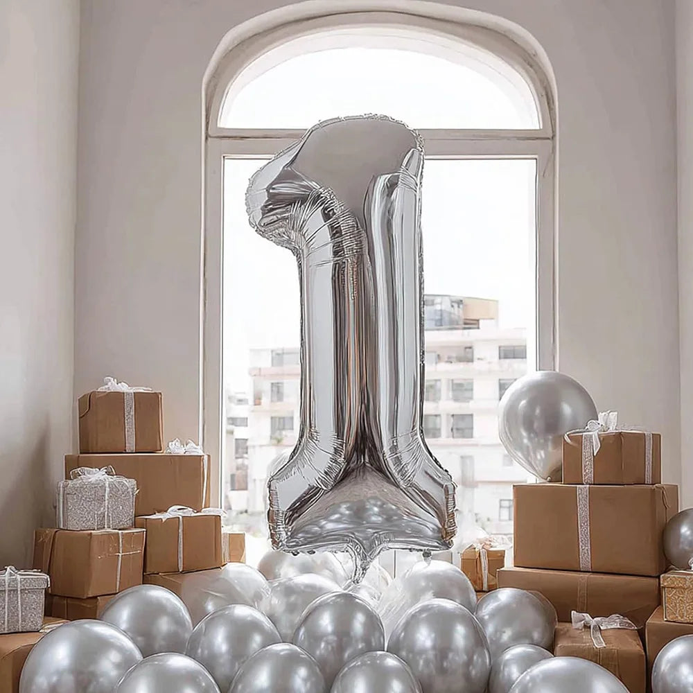 40 Inch Big Silver 0-9 Balloon Number Giant Number Balloons for Mylar Anniversary Happy 1st Birthday Party Decorations Supplies