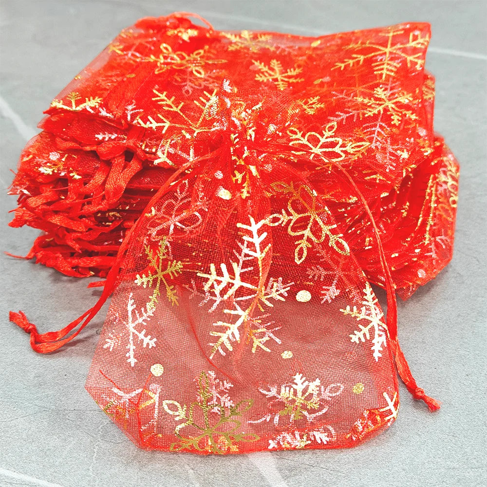 25/50/100pcs Hot Printing Organza Gift Bag For Jewelry Snowflake Drawstring Pouches For Wedding Christmas Party Candy Packing