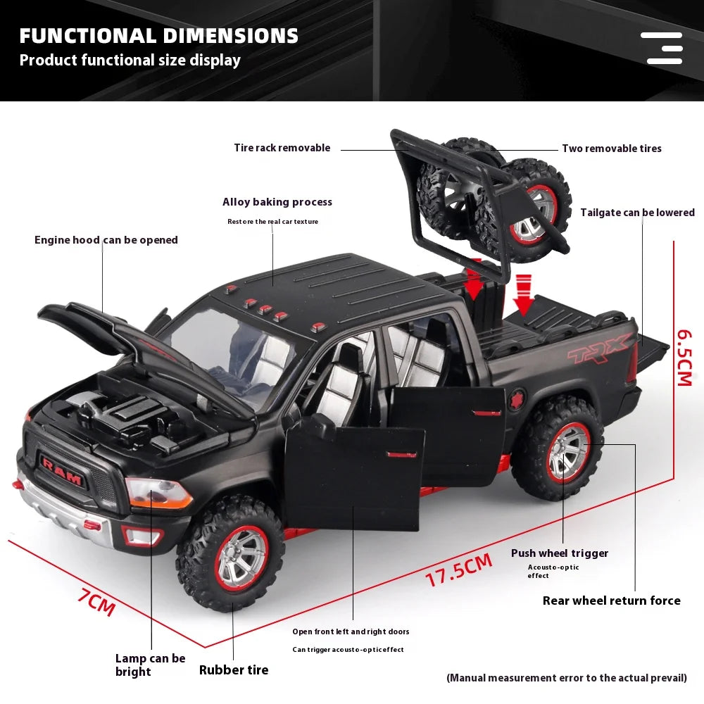 1:32 RAM Pickup Truck Alloy Model with Sound, Light & Spring-Back Action - Kids' Toy for Adventurous Play