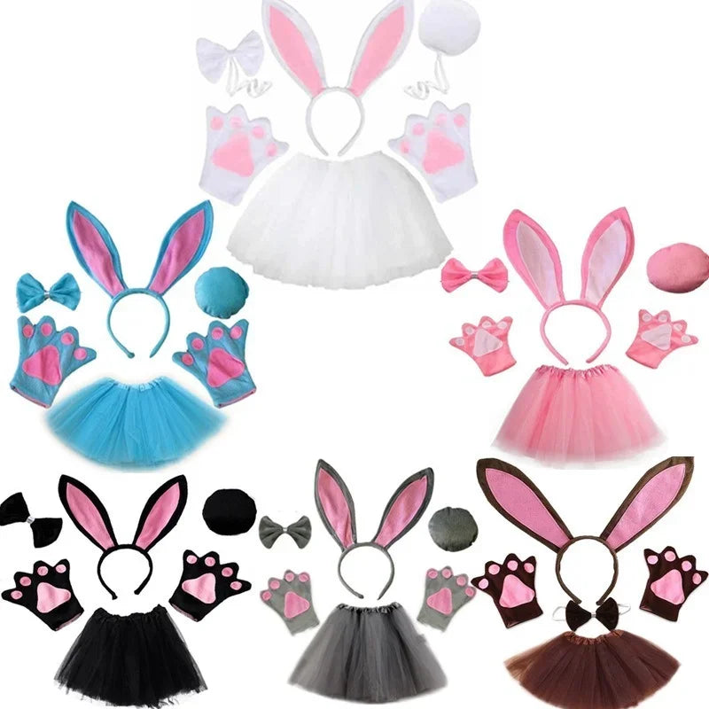 Women Girls Plush Animal Easter Bunny Ear Headband Tail Bow Skirt Birthday Party Baby Shower Halloween Rabbit Cosplay Costume