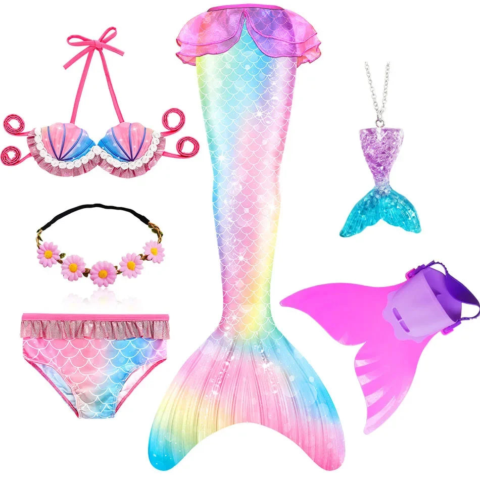 Girls Mermaid Tail Swimsuit Costume with Optional Monofin