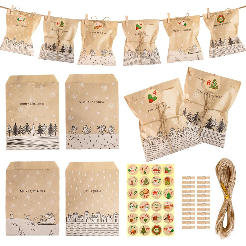 24 Sets Vintage Christmas Kraft Paper Bags Let it Snow Candy Treat Bag with Stickers Advent Calendar Xmas Party Favor Gift Pouch