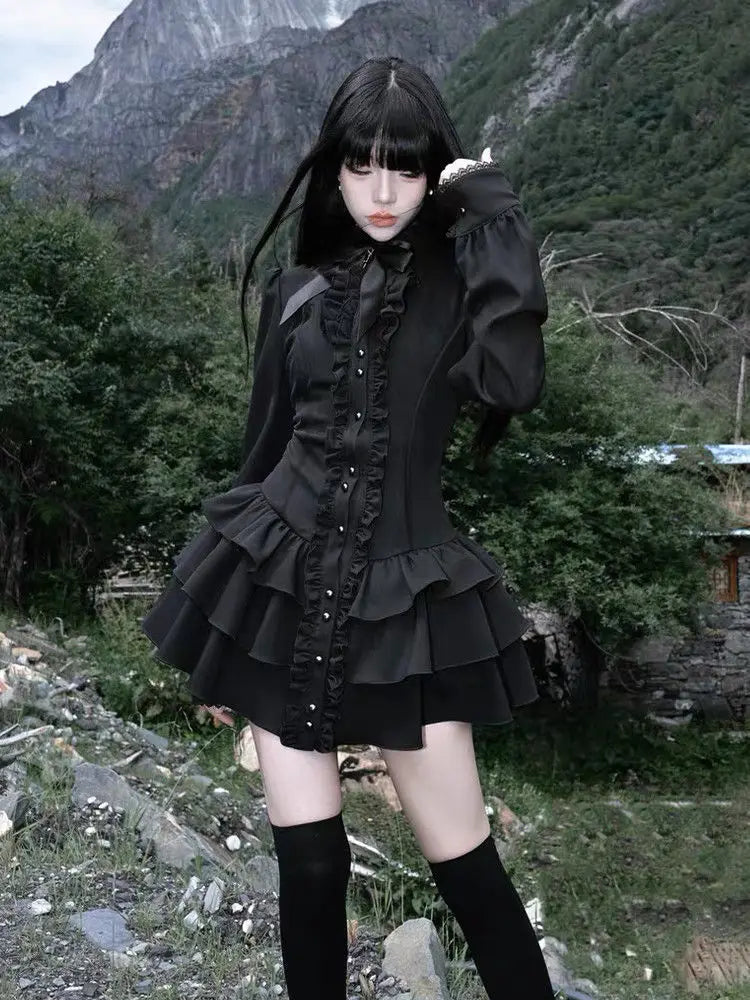 Gothic Vintage Lace Y2k Mini Dress Women Design Streetwear Black Lolita Slim Dress Long Sleeve Elegant Dress Spicy Girls