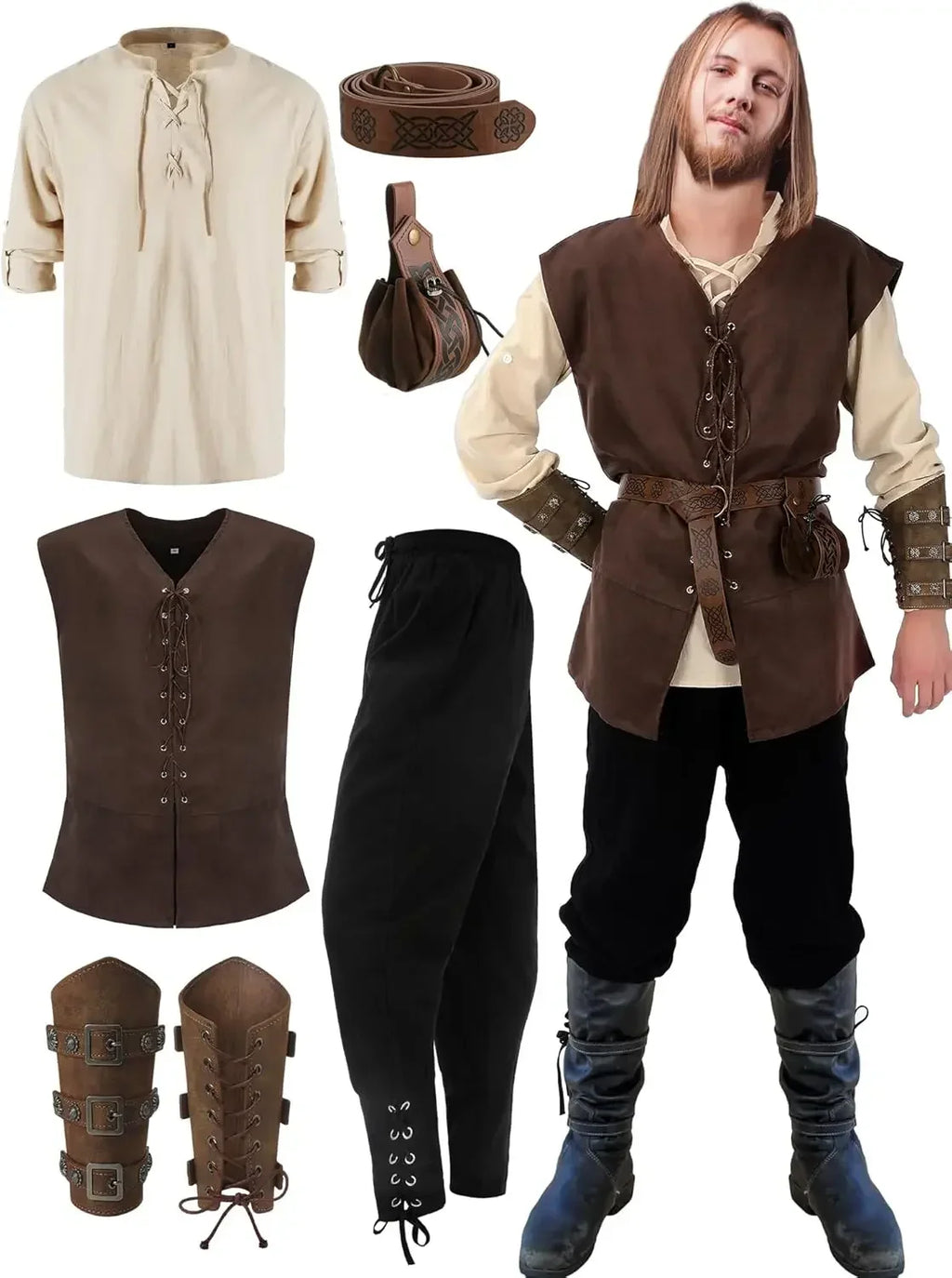Men’s Renaissance Medieval Costume Set with Vest & Belt