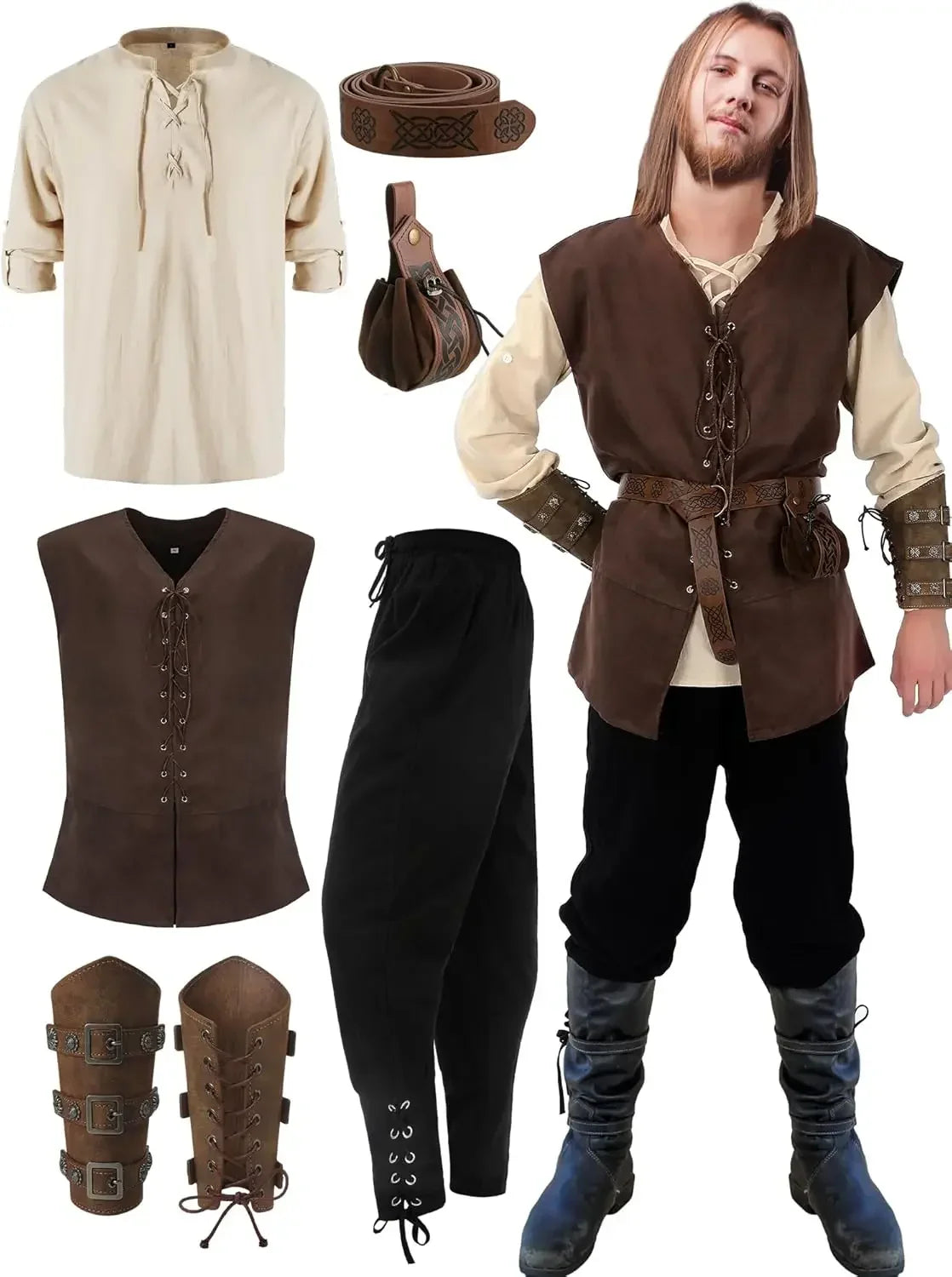 Men’s Renaissance Medieval Costume Set with Vest & Belt