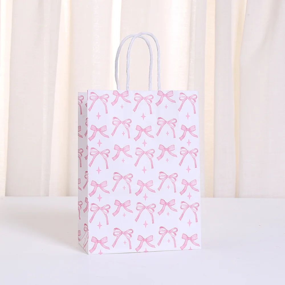 6/12/24/48pcs Pink and White Bow Paper Gift Bags Birthday Favor Bags with Handles Candy Bags Baby Shower Wedding Party Supplies