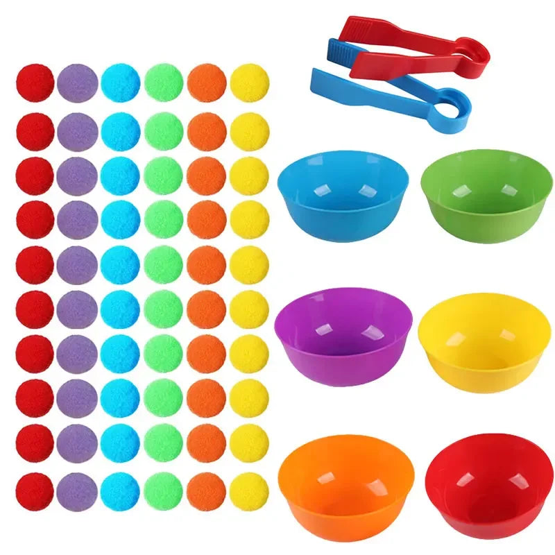 Children Counting and Sorting Toys Pom Poms Rainbow Colors Plastic Bowls Tweezers Fine Motor Skill Children Learning Toys