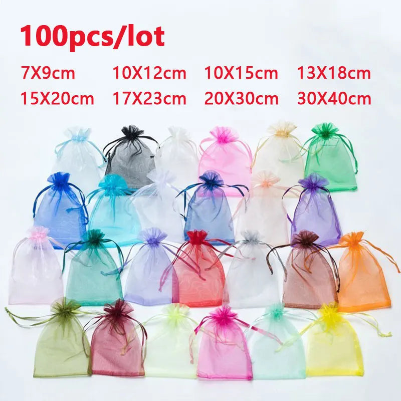 100PCS Drawable Organza Bags Supply Wedding Christmas Favor White Pouches Organza Gauze Sachet Gift Bags Drawstring