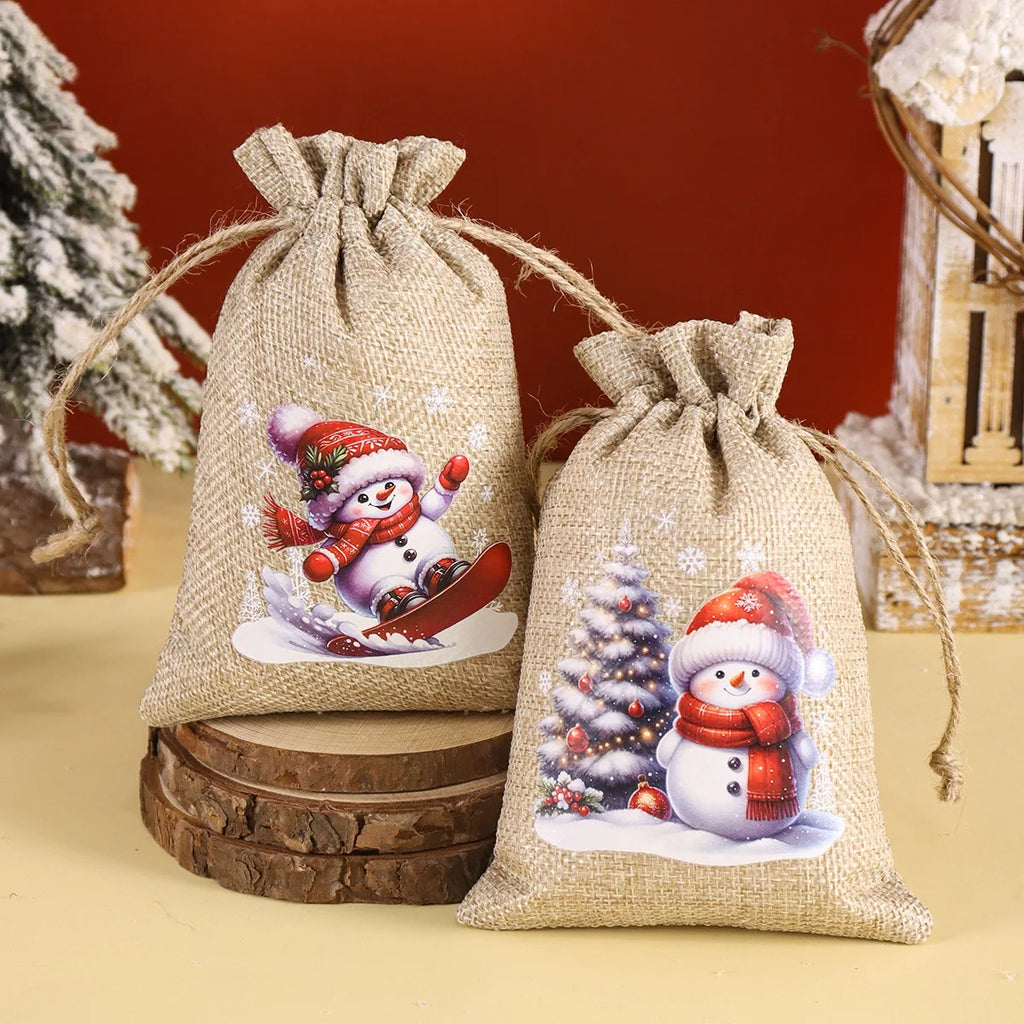 6pc Christmas Linen Drawstring Bags Burlap Gift Bags Candy Biscuits Pouchs for Home Decor 2025 Xmas Navidad Noel Gift Packaging