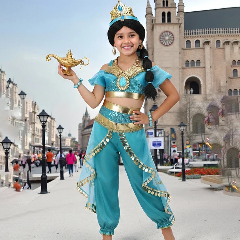 Title Girls Princess Jasmine Cosplay Costume Set Kids Arabian Outfit With Wig Crown Lamp Halloween Carnival Birthday Party Fancy Dress