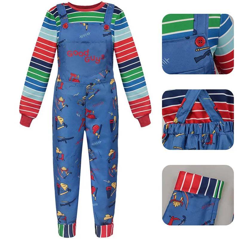 Adult Horror Doll Costume with Striped Shirt & Jumpsuit
