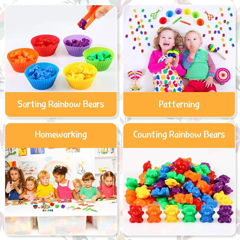 Colorful Counting Bears with Sorting Cups & Tweezers, Toddler Counting & Color Sorting Educational Toy Gift for Kids Boys Girls