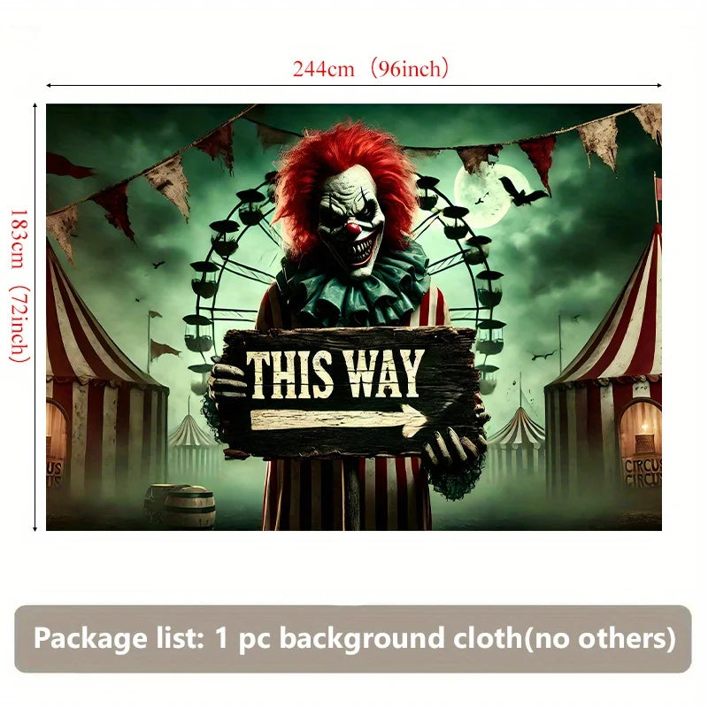 The background flag of the terrifying clown circus features bats and a full moon pattern, and is decorated for Halloween parties