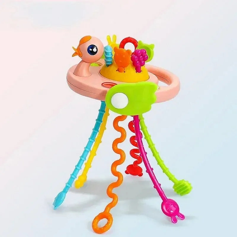 Cartoon Duck Astronaut Pull String Montessori Activity Development Silicone Teething Sensory Grip Training Early Educational Toy