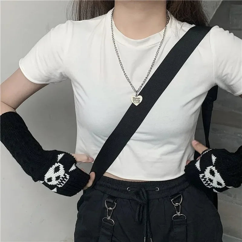 Punk EMO Style Streetwear Women Wrist Arm Warmers Knitted Long Fingerless Gloves Black Mittens Gothic Cos Halloween Skull Gloves