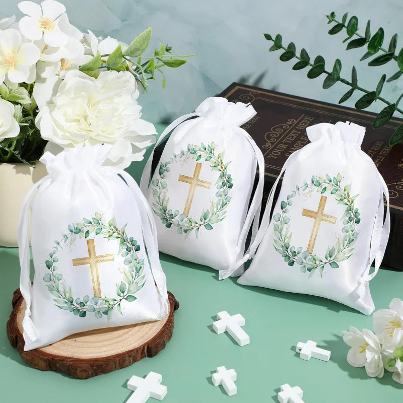 10 Pcs Baptism Satin Gift Bags with Drawstring 4 X 6 Inch Religious Gift Bags for Baptism First Communion Party Favor