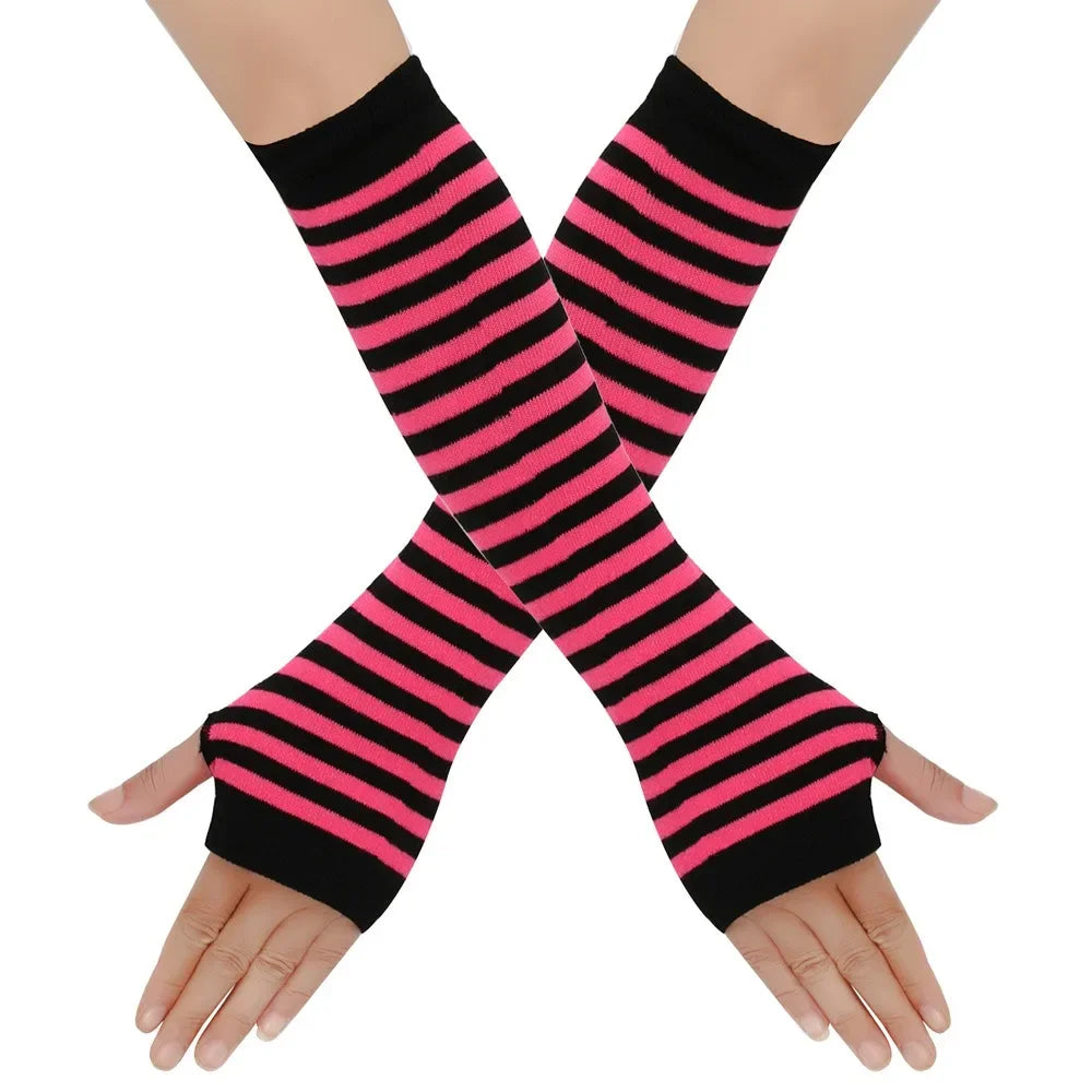 Long Knitted Fingerless Elbow Gloves with Striped Design