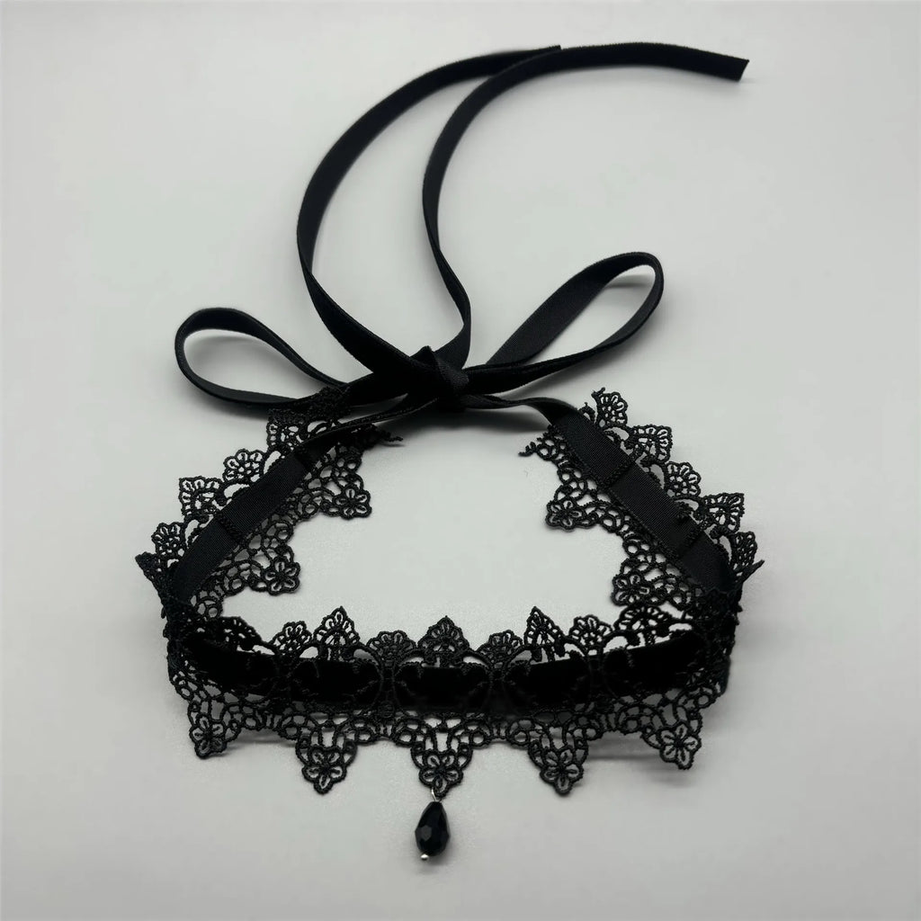 Gothic Lace Choker Necklace with Velvet Collar and Bow