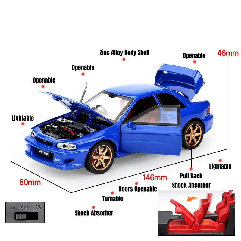 1/32 Subaru Impreza WRX 22B STI JDM Super Car Model Diecast Metal Vehicle Miniature Pull Back Display Collection Gift Boyfriend