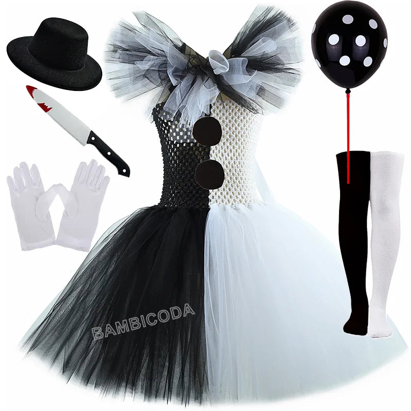 Girls Black White Horror Clown Tutu Dress Costume