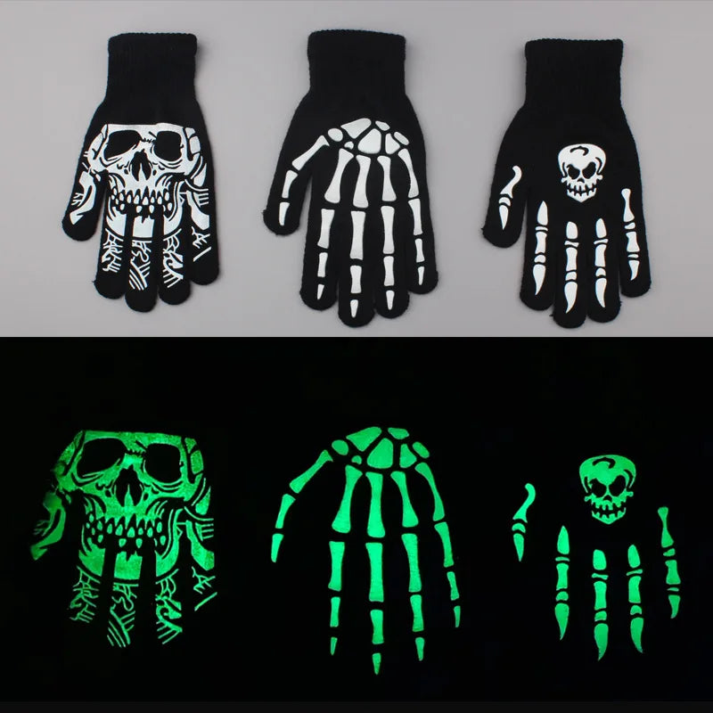 Halloween Skull Ghost Claw Printed Fluorescent Glow-in-the-Dark Gloves Women Adult Outdoor Riding Warm Knitted Gloves Cosplay