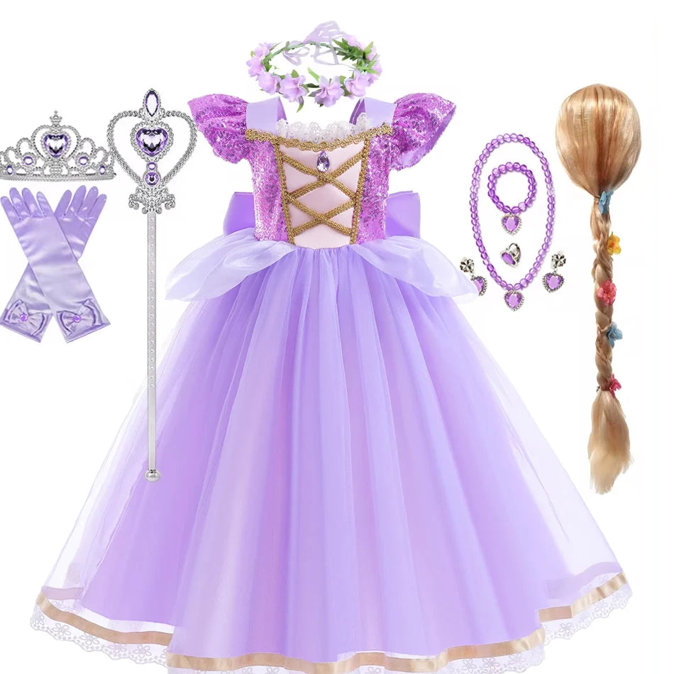 Girls Long-Hair Princess Dress Halloween Birthday Costume