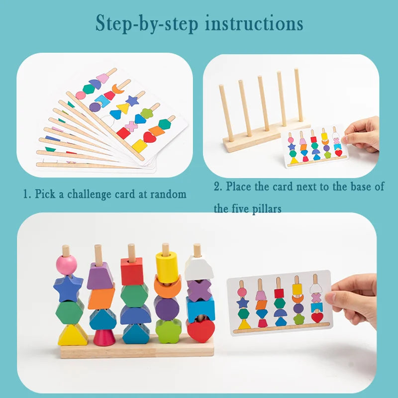 Wooden Children's colorful Color Sorting Toys, rainbow Sets of Columns, Shape Stringing Matching, Educational Building Blocks