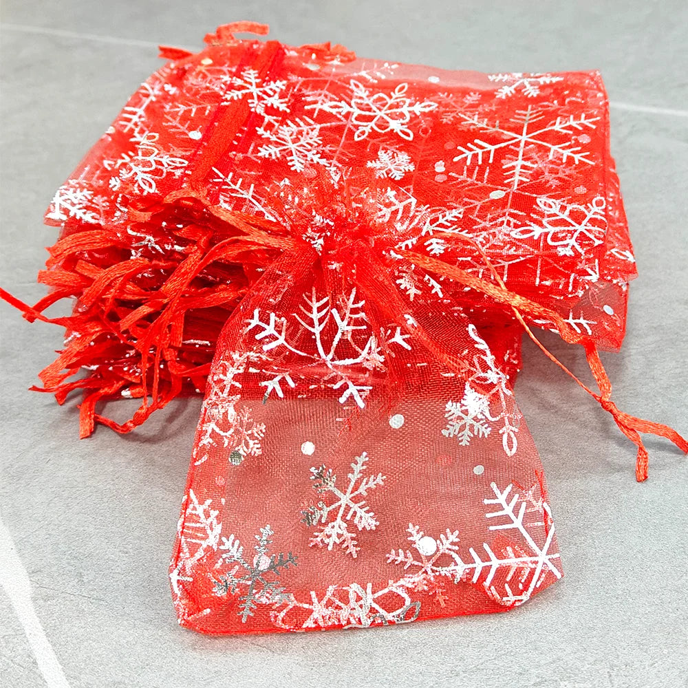 25/50/100pcs Hot Printing Organza Gift Bag For Jewelry Snowflake Drawstring Pouches For Wedding Christmas Party Candy Packing