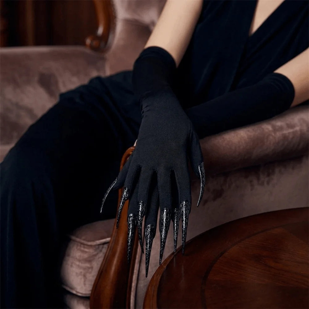 Gothic Black Long Gloves with Detachable Claw Nails