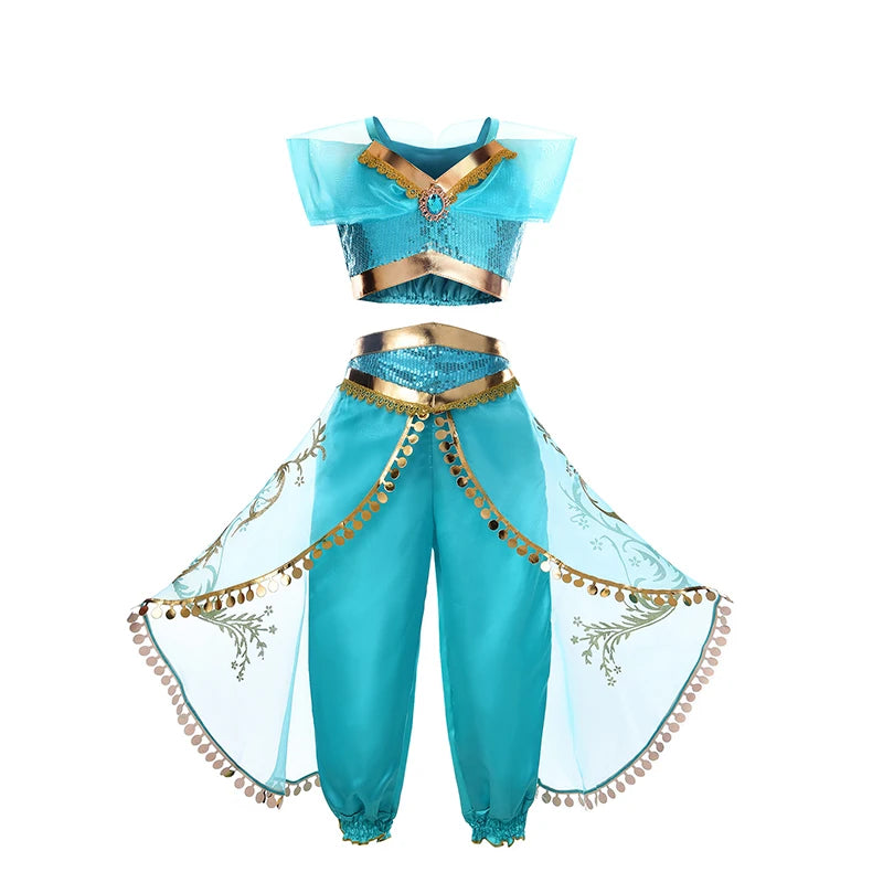 Title Girls Princess Jasmine Cosplay Costume Set Kids Arabian Outfit With Wig Crown Lamp Halloween Carnival Birthday Party Fancy Dress