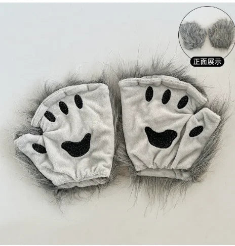 Wolf Paw Gloves Faux Fur Cat Fingerless Mittens Winter Warm Cosplay Halloween Fancy Party Costume Accessories