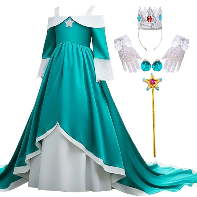 Girls Blue Galaxy Princess Long Dress Halloween Costume