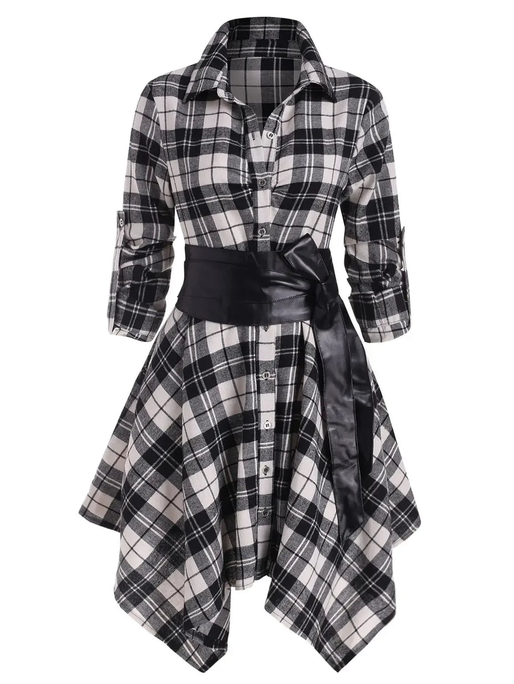 Women Red Plaid Belted Roll Tab Sleeve Handkerchief Dress Grunge Gothic Casual Dresses Vestidos Button Up Long Sleeve Streetwear