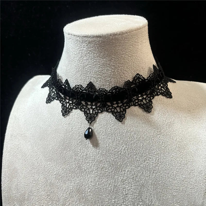 Gothic Lace Choker Necklace with Velvet Collar and Bow