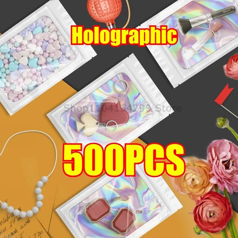 500Pcs Holographic Ziplock Bags Plastic Laser Iridescent Zip Bags for Manicure Eyelash Display Earrings Ring Jewelry Storage Bag