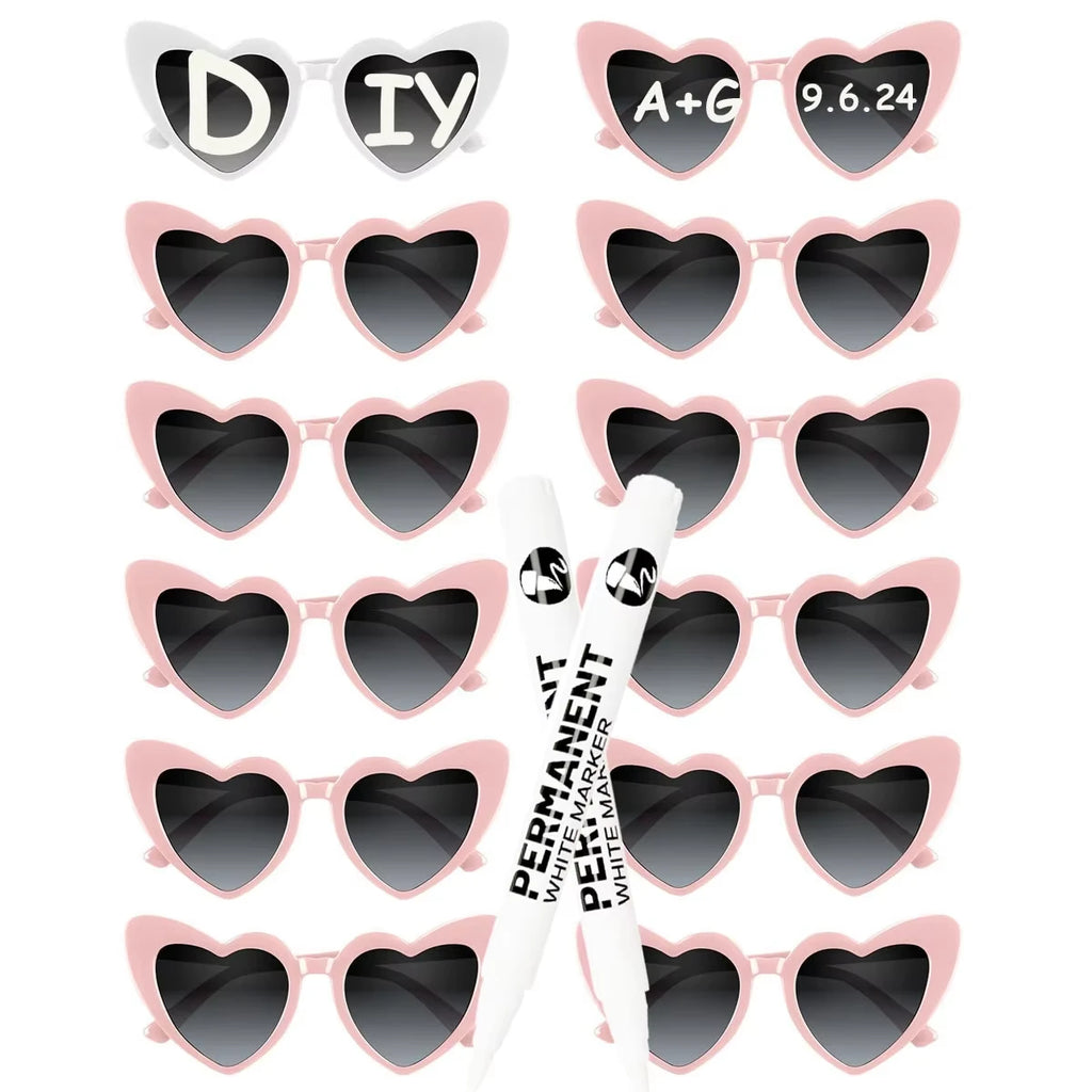 12-120Pcs Wedding Heart Sunglasses with Pen Personalised Heart Glasses Bachelorette Party Sunglasses for Wedding Party Favors