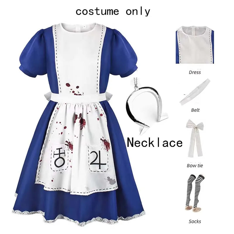 Women's Alice-Inspired Cosplay Dress with Apron & Necklace