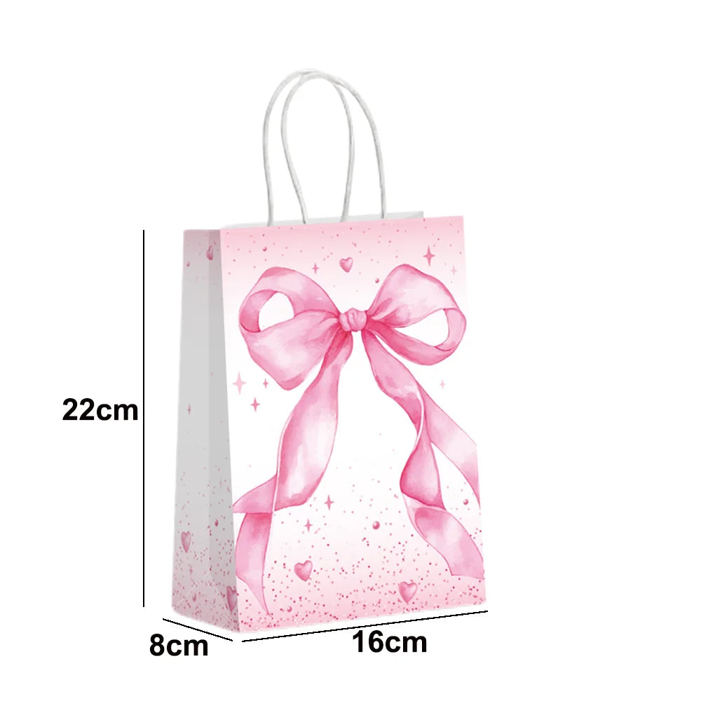 6/12/24/48pcs Pink and White Bow Paper Gift Bags Birthday Favor Bags with Handles Candy Bags Baby Shower Wedding Party Supplies